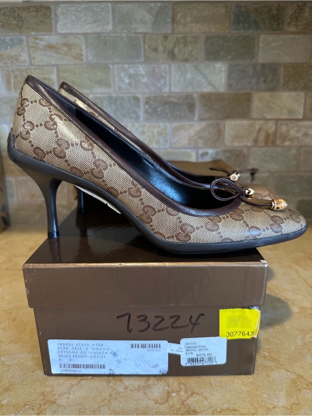 Gucci Brown GG Canvas Kitten Heel Pump with Bow Detail